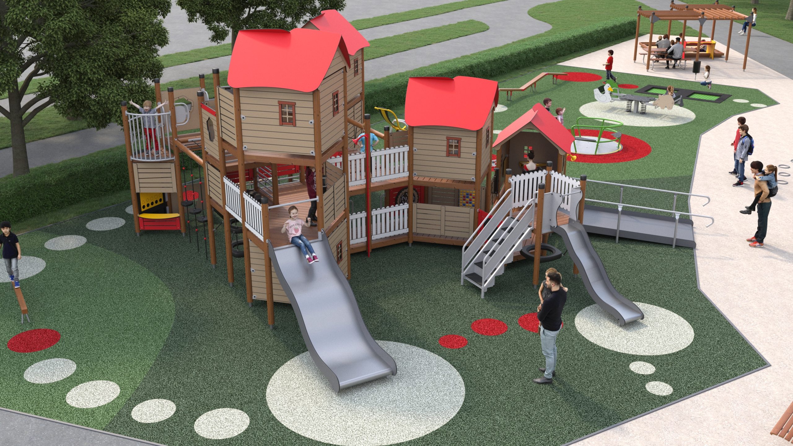 Render of custom designed playground, large wooden and red towers, interlinking together. 